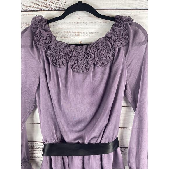 Victor Costa Shirt Women's Medium Purple Ruffle Rosette Peplum Sheer Top Belted - Picture 6 of 8